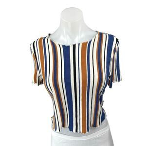 Love Tree Multicolor Striped Knit Short Sleeve Stretch Crop Tee Shirt Top Size M